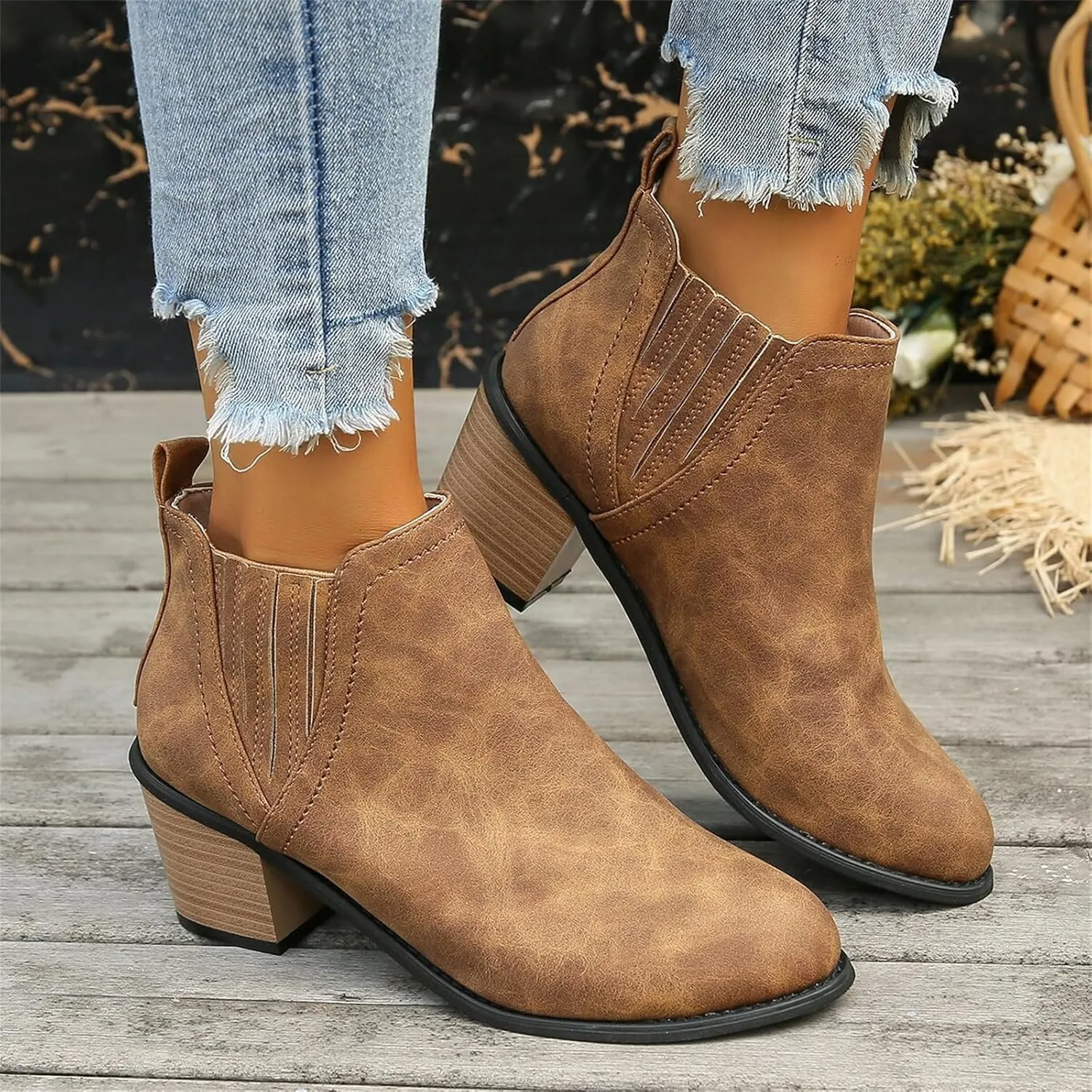 Lausiuoe Boots For Women Ankle Booties Sexy Low Heels Chunky Stacked Mid Heel Side Zipper Dressy Western Short Boots