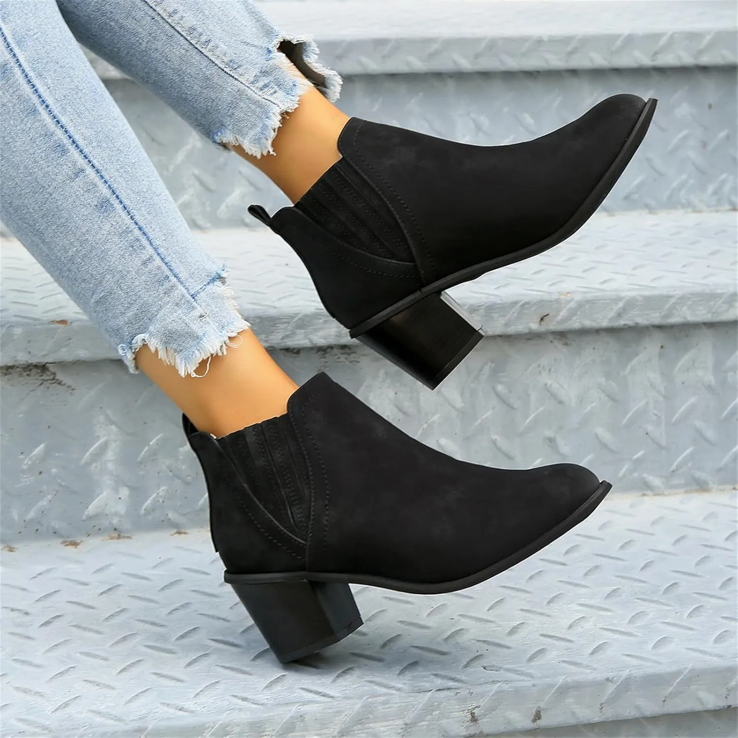 Lausiuoe Boots For Women Ankle Booties Sexy Low Heels Chunky Stacked Mid Heel Side Zipper Dressy Western Short Boots