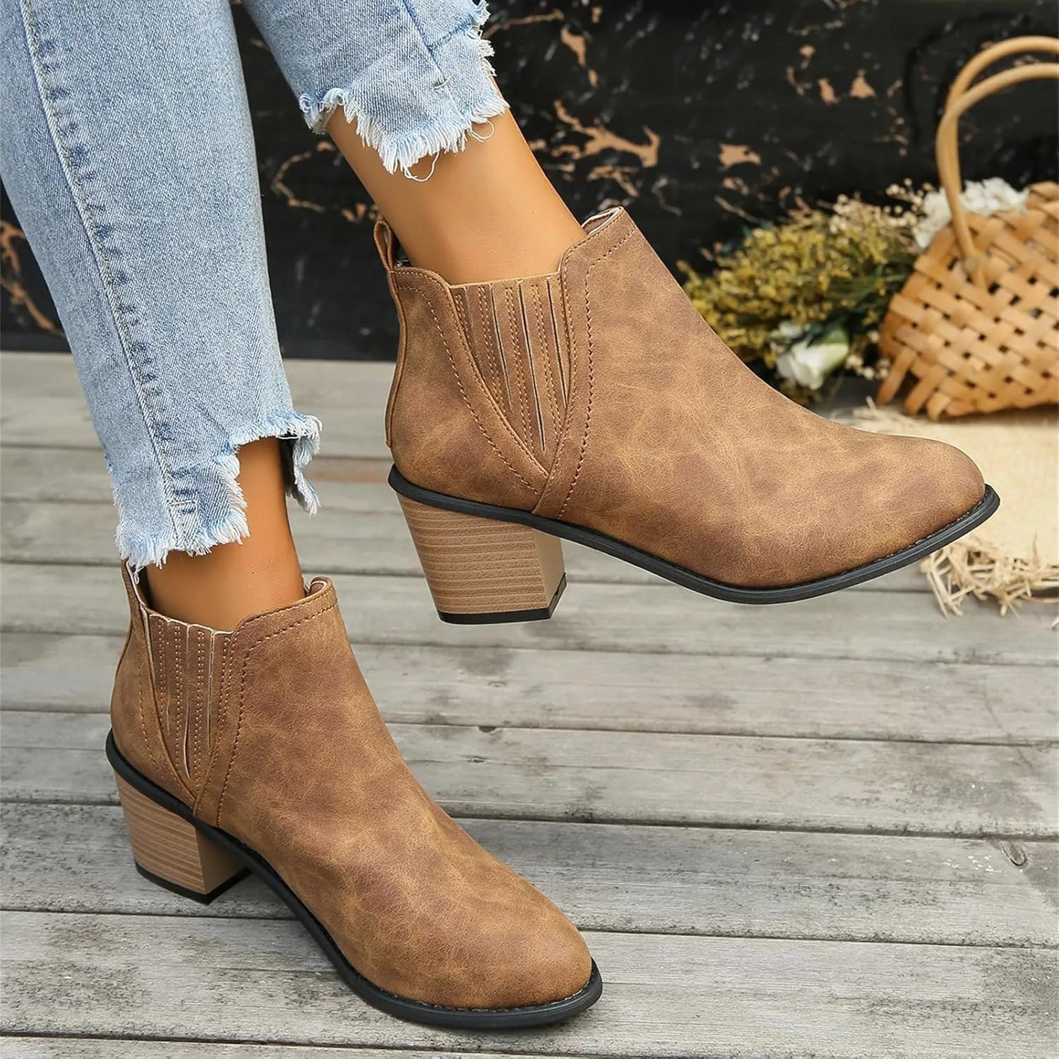Lausiuoe Boots For Women Ankle Booties Sexy Low Heels Chunky Stacked Mid Heel Side Zipper Dressy Western Short Boots