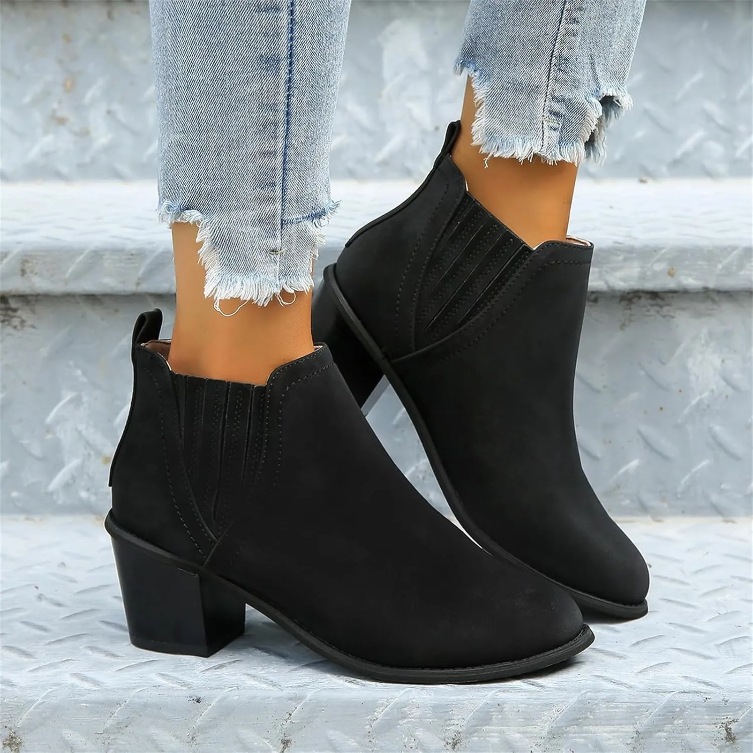 Lausiuoe Boots For Women Ankle Booties Sexy Low Heels Chunky Stacked Mid Heel Side Zipper Dressy Western Short Boots