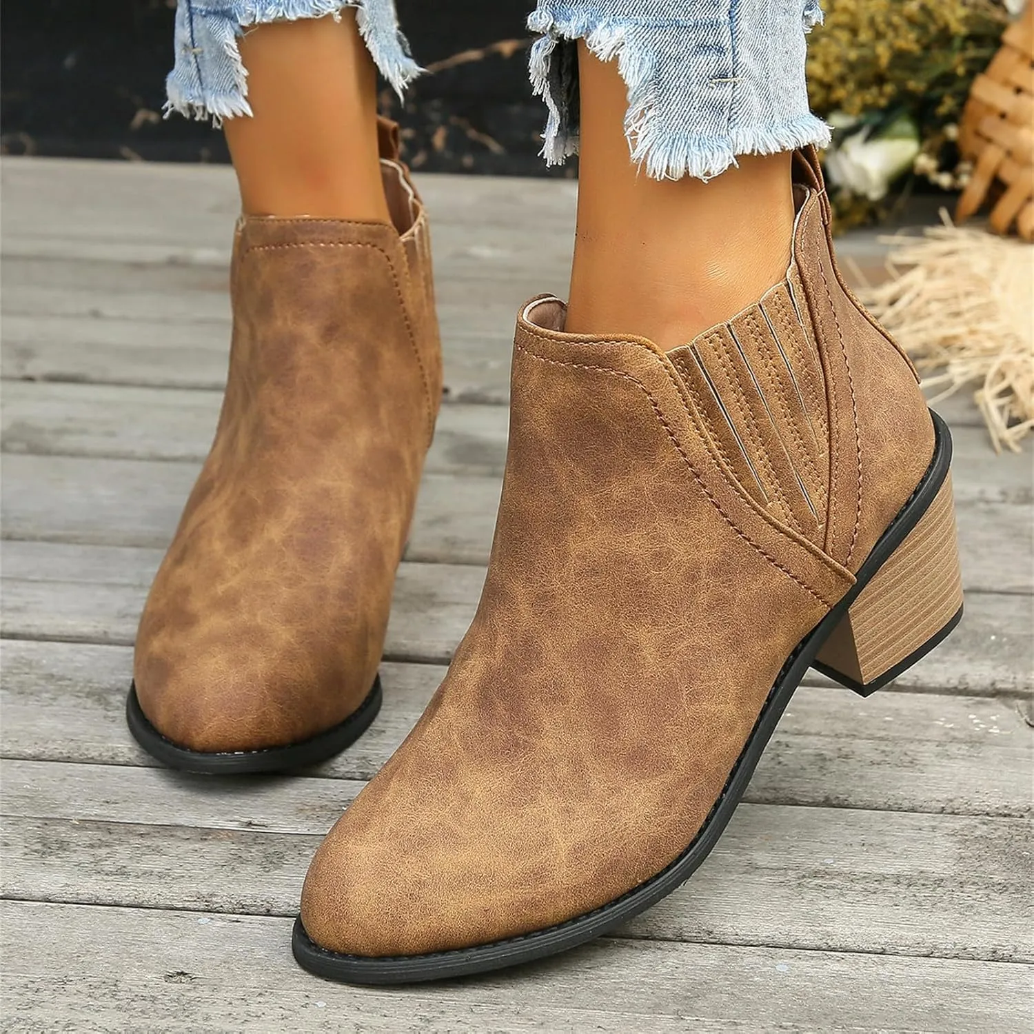 Lausiuoe Boots For Women Ankle Booties Sexy Low Heels Chunky Stacked Mid Heel Side Zipper Dressy Western Short Boots