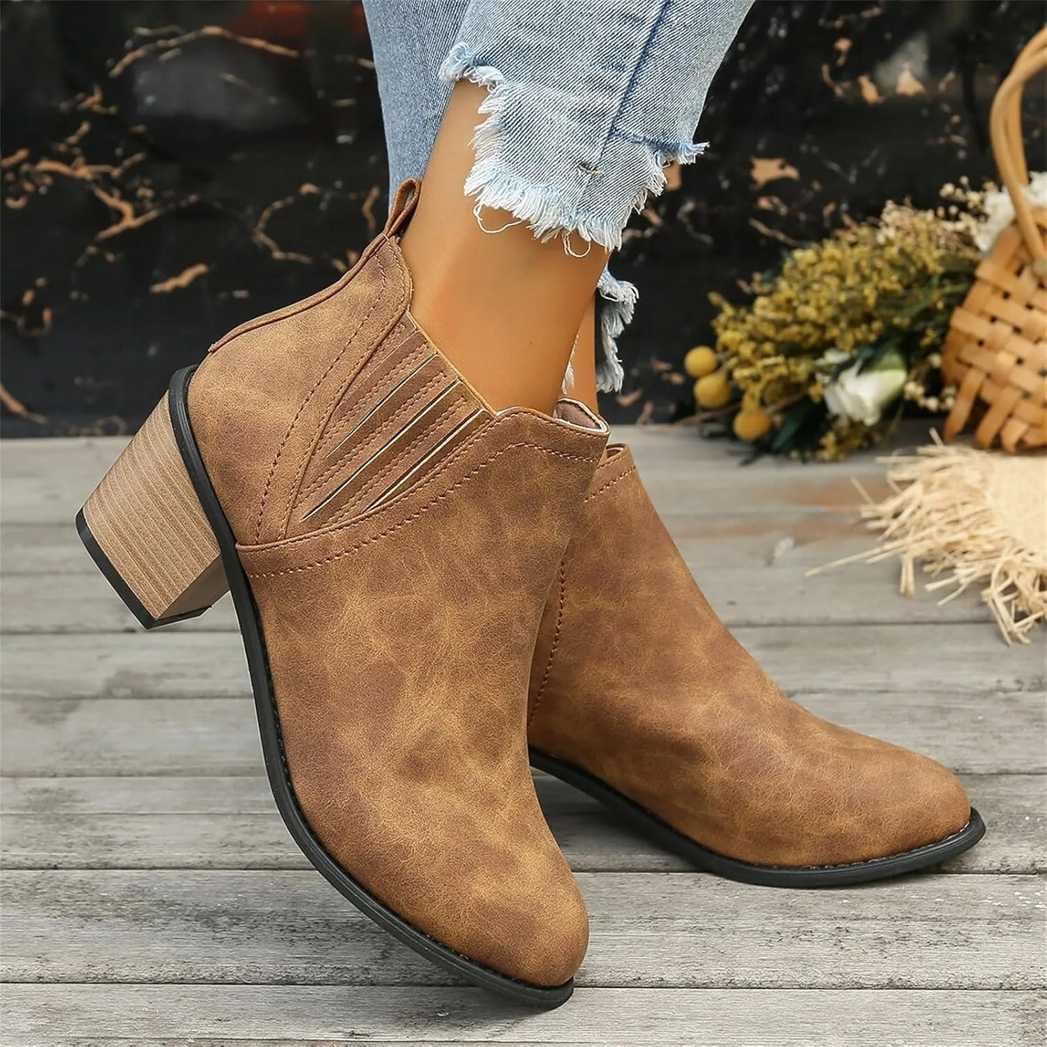 Lausiuoe Boots For Women Ankle Booties Sexy Low Heels Chunky Stacked Mid Heel Side Zipper Dressy Western Short Boots