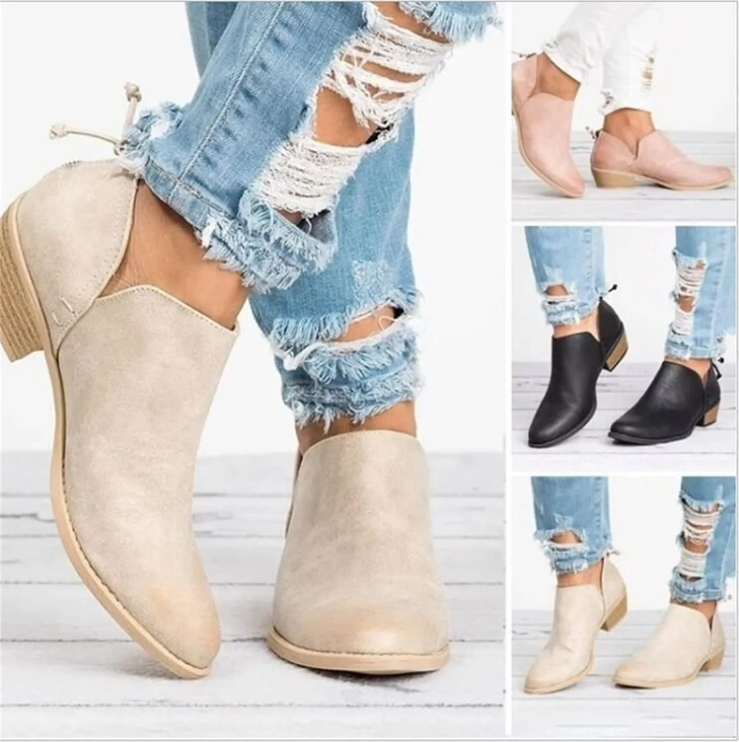 Lausiuoe Boots For Women Ankle Booties Sexy Pointed Toe Chunky Stacked Mid Heel Wide Width Dressy Western Short Boots