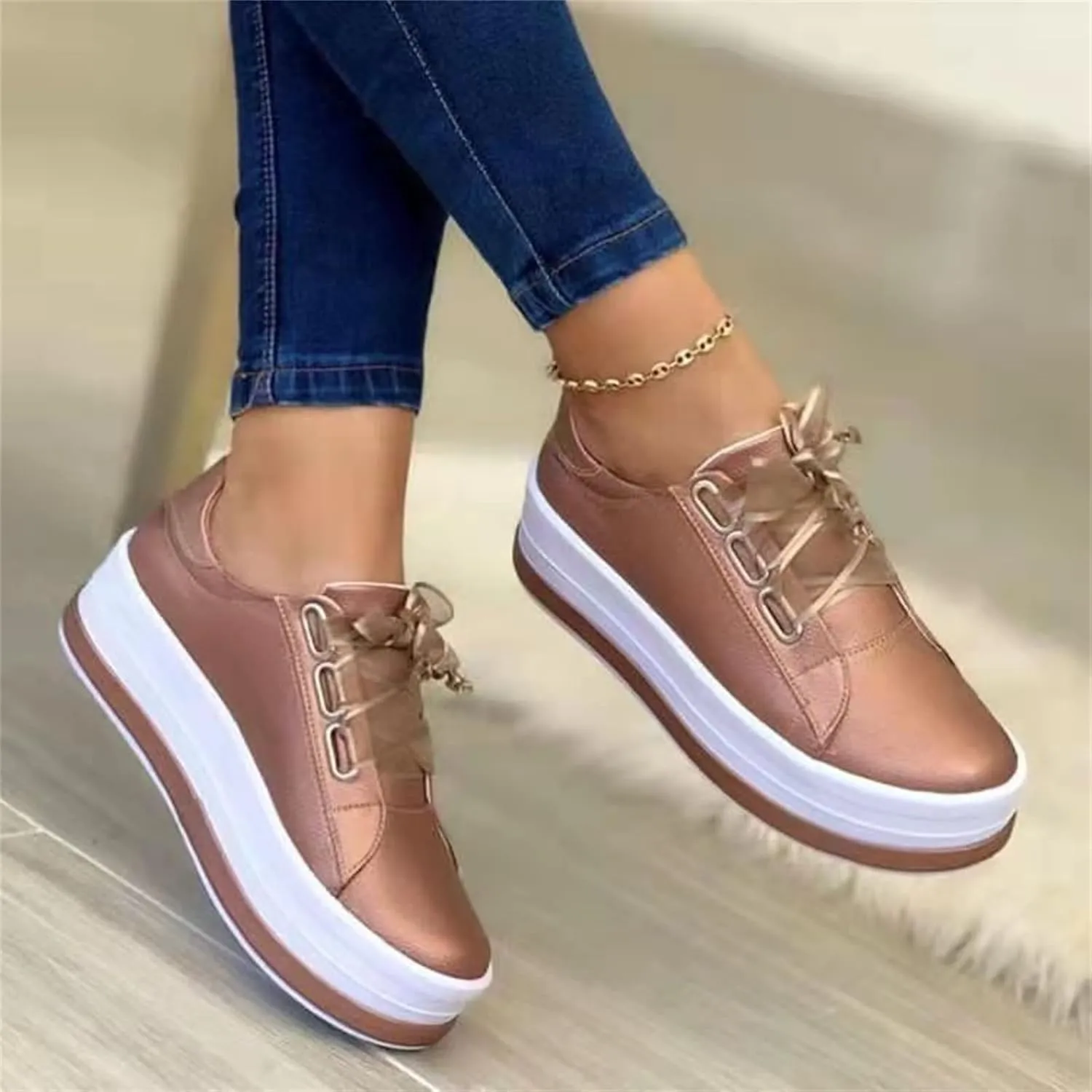 Lausiuoe Shoes For Women Dressy Casual Platform Leather Sneakers Fashion Round Toe Lightweight Classic Comfort Slip On Loafer
