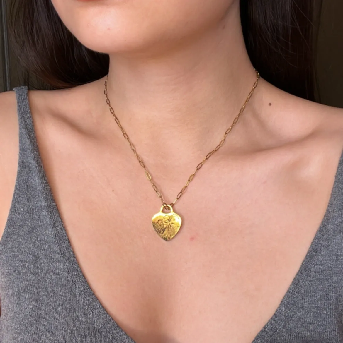 Lazer Engraved Heart Skinny Paperlink Drop Necklace