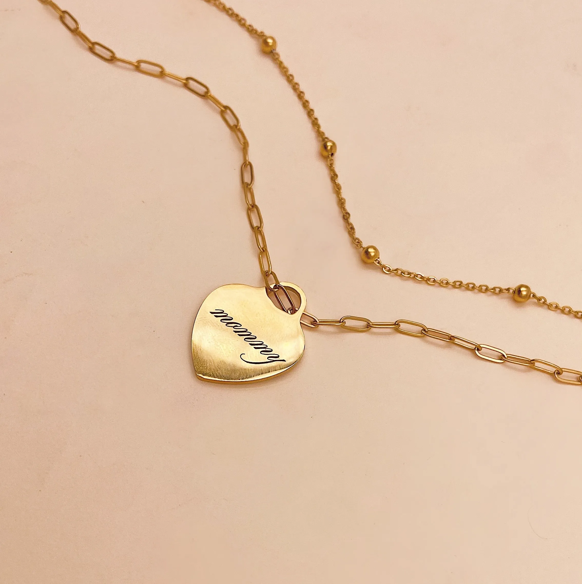 Lazer Engraved Heart Skinny Paperlink Drop Necklace