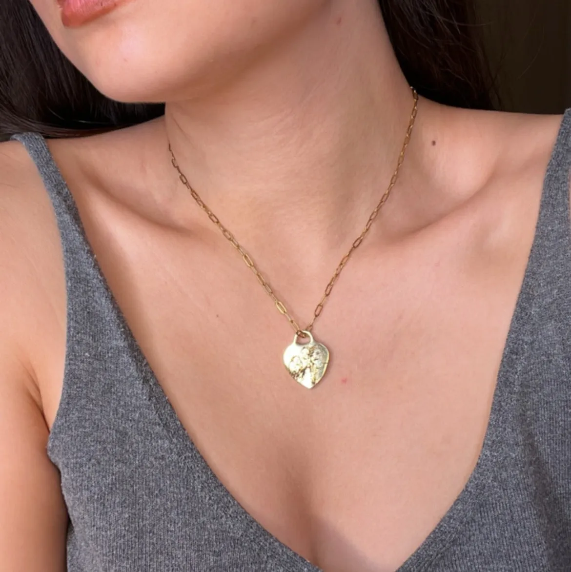 Lazer Engraved Heart Skinny Paperlink Drop Necklace
