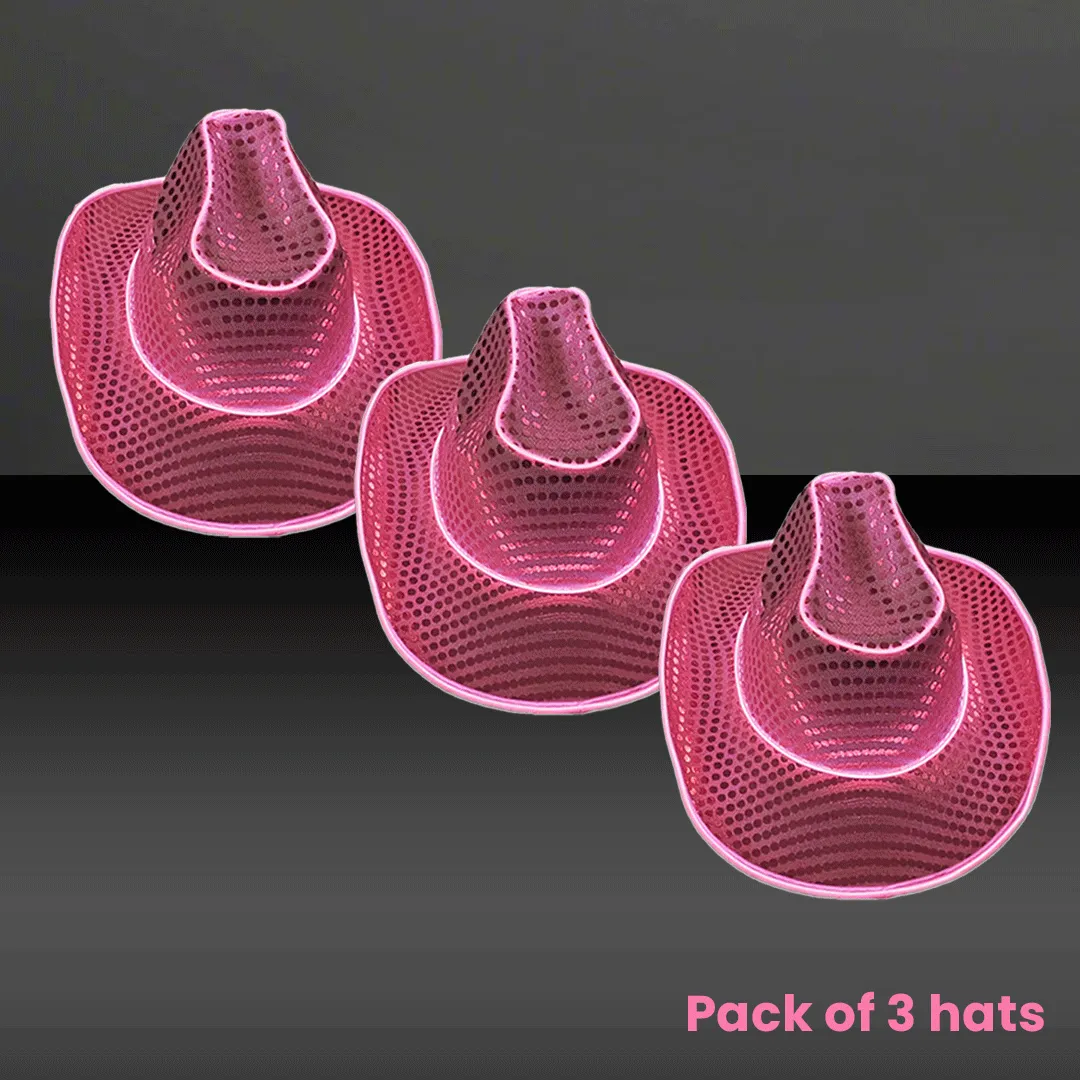 LED Flashing EL Wire Pink Sequin Cowboy Party Hat - Pack of 3 Hats