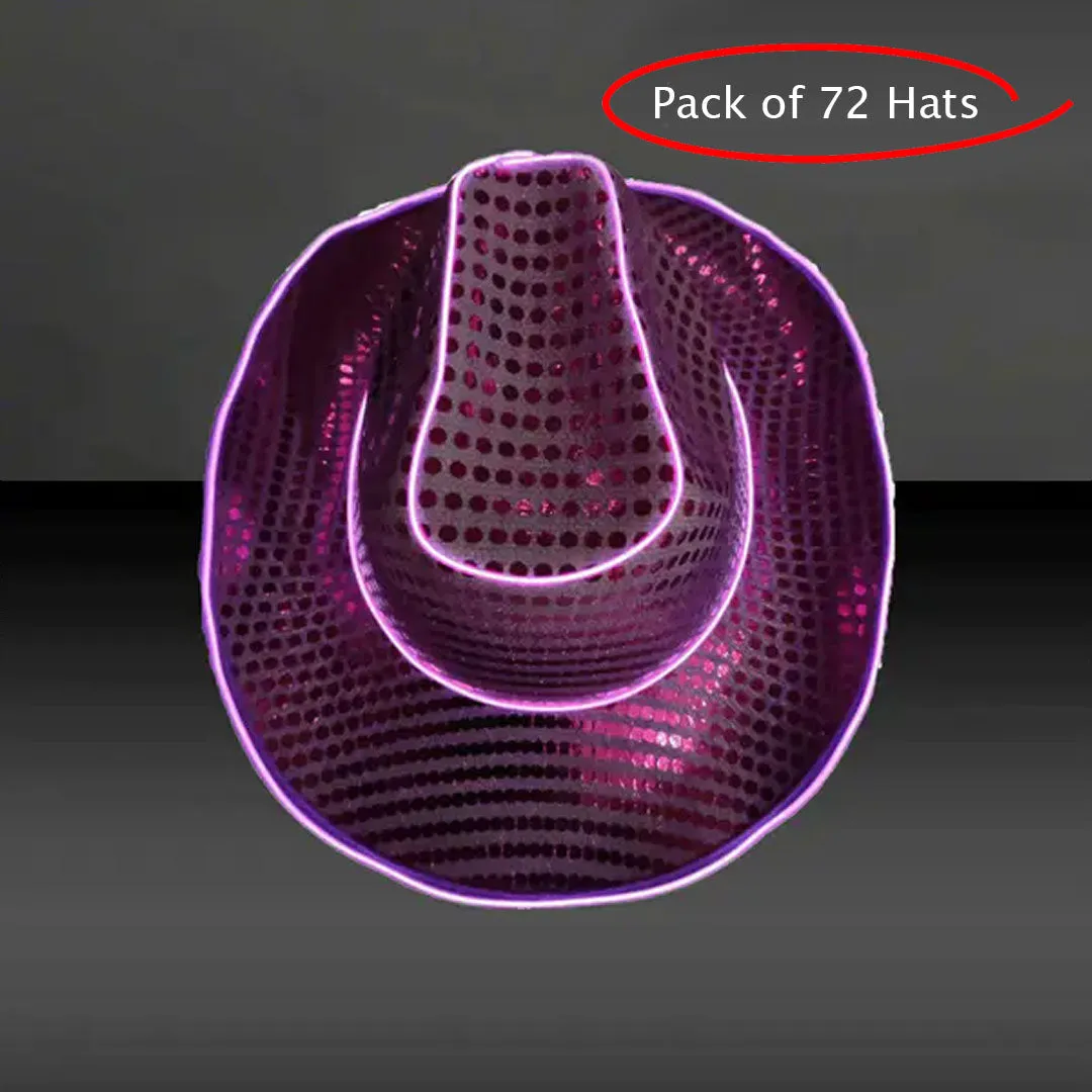 LED Flashing Purple EL Wire Sequin Cowboy Party Hat - Pack of 72 Hats