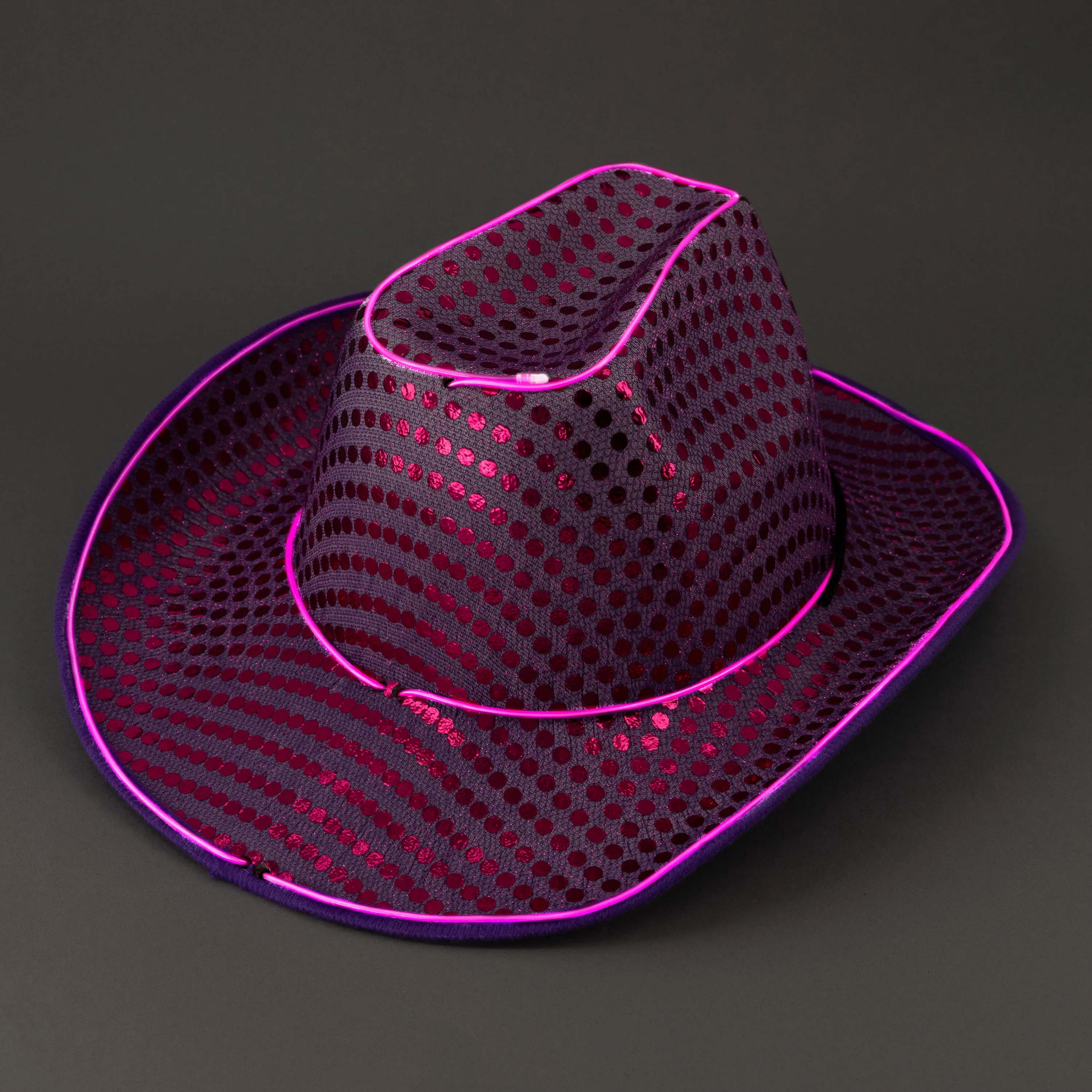 LED Flashing Purple EL Wire Sequin Cowboy Party Hat - Pack of 72 Hats
