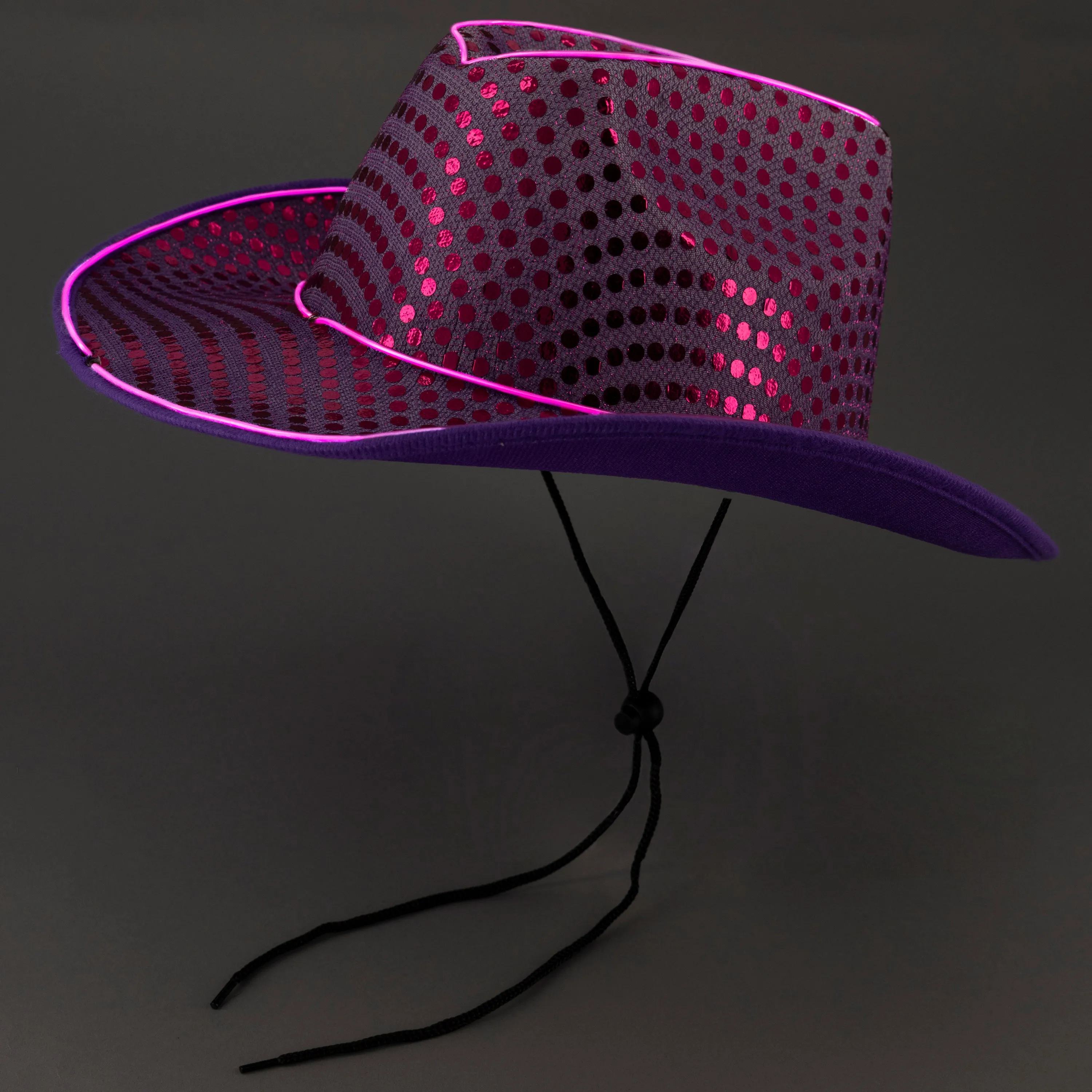 LED Flashing Purple EL Wire Sequin Cowboy Party Hat - Pack of 72 Hats