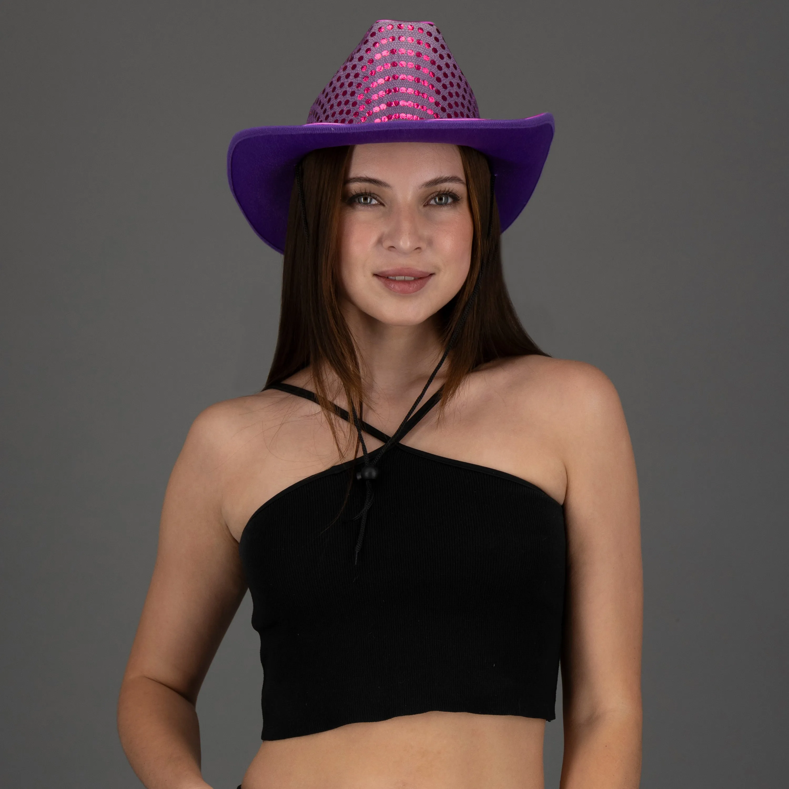 LED Flashing Purple EL Wire Sequin Cowboy Party Hat - Pack of 72 Hats