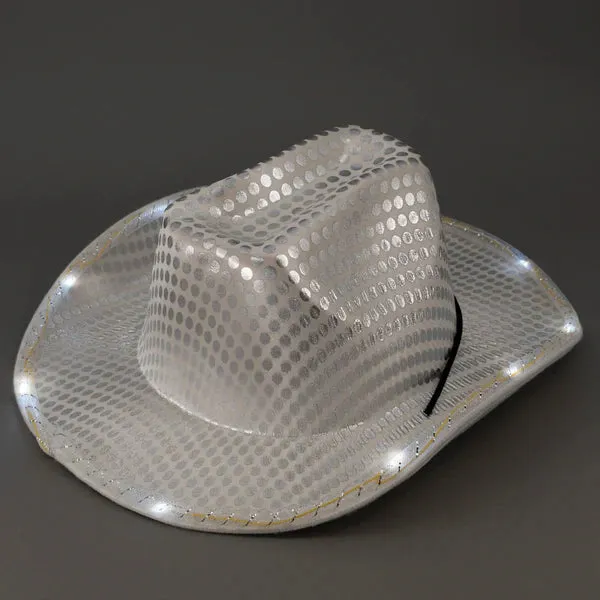 LED Light Up Flashing Patriotic Red White And Blue Sequin Cowboy Hats - Pack of 3