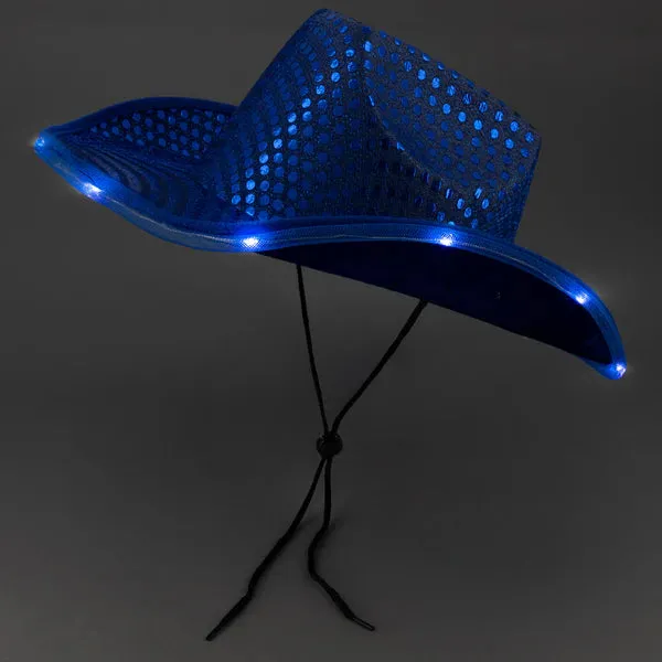 LED Light Up Flashing Patriotic Red White And Blue Sequin Cowboy Hats - Pack of 3