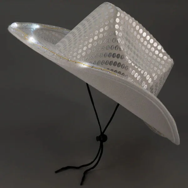 LED Light Up Flashing Patriotic Red White And Blue Sequin Cowboy Hats - Pack of 3