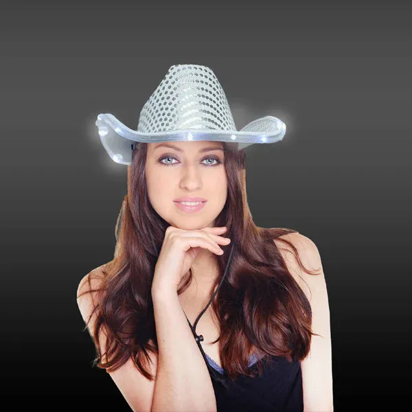 LED Light Up Flashing Patriotic Red White And Blue Sequin Cowboy Hats - Pack of 3