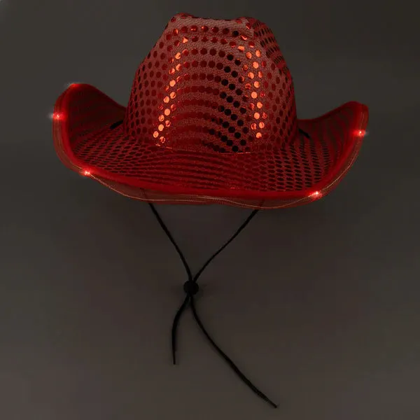 LED Light Up Flashing Patriotic Red White And Blue Sequin Cowboy Hats - Pack of 3