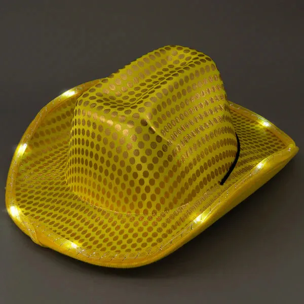 LED Light Up Flashing Sequin Orange & Gold Cowboy Hat - Pack of 2 Hats