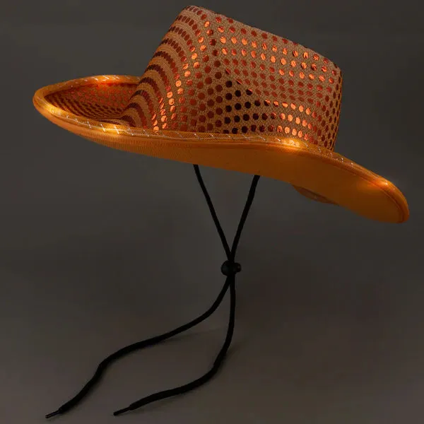 LED Light Up Flashing Sequin Orange & Gold Cowboy Hat - Pack of 2 Hats