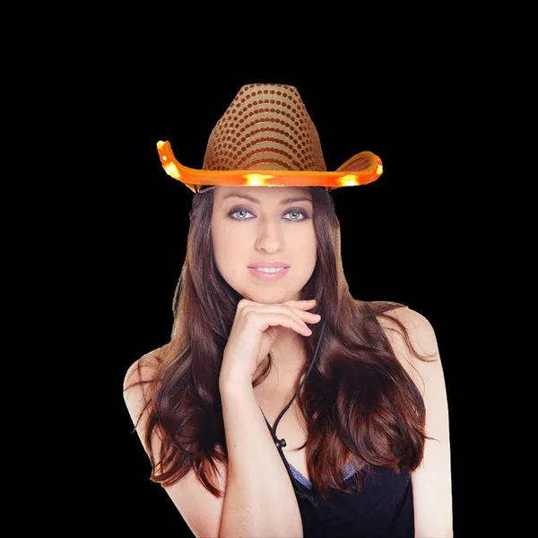 LED Light Up Flashing Sequin Orange & Gold Cowboy Hat - Pack of 2 Hats