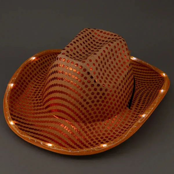 LED Light Up Flashing Sequin Orange & Gold Cowboy Hat - Pack of 2 Hats