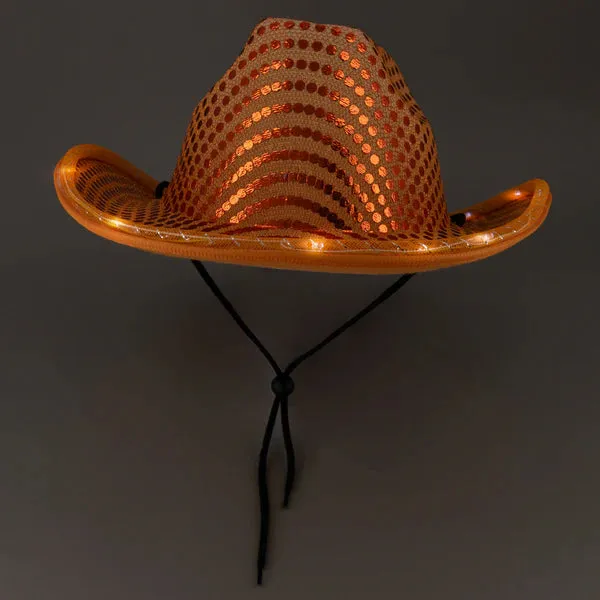 LED Light Up Flashing Sequin Orange & Gold Cowboy Hat - Pack of 2 Hats