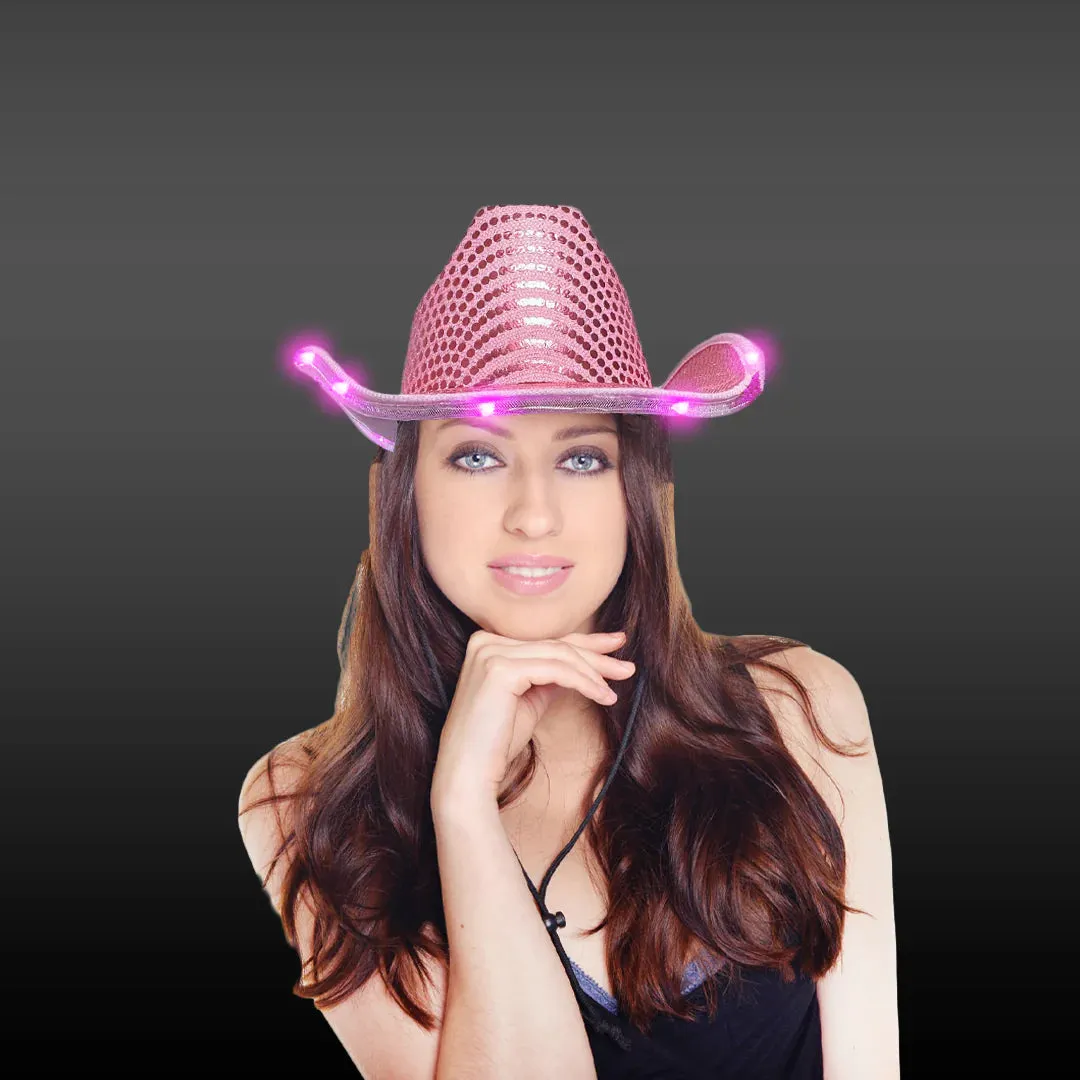 LED Light Up Flashing Sequin Pink & Gold Cowboy Hat - Pack of 2 Hats