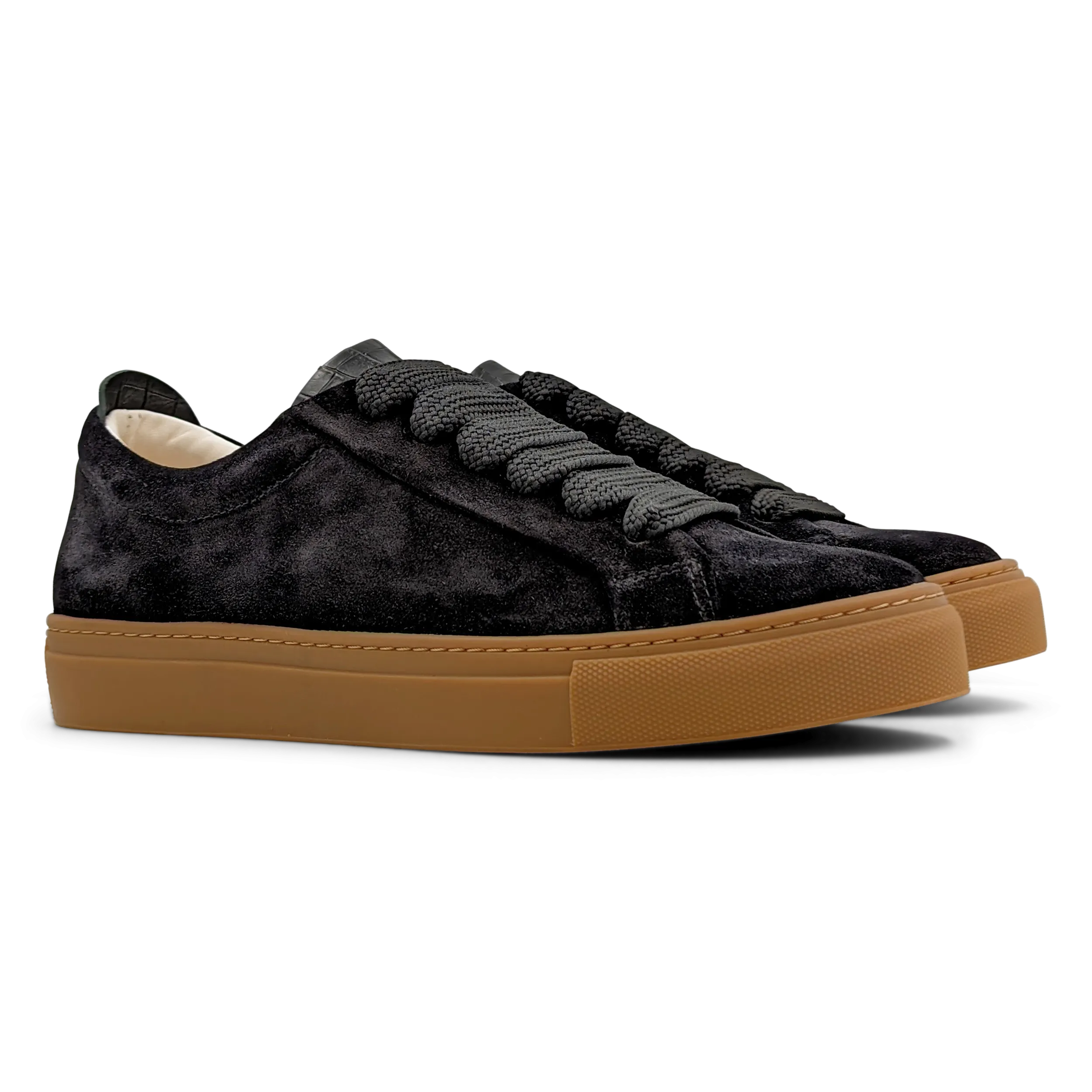 Lennon Sneaker in Black Suede with a Gum Sole