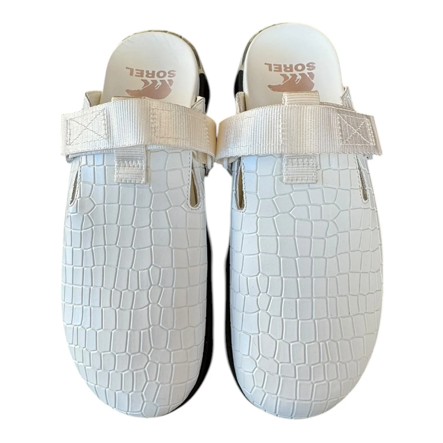 Recycled Rubber Composite Non Weighted Movement Mule/Slide Designer By Sorel In White Snakeskin Print Pattern, Size:10