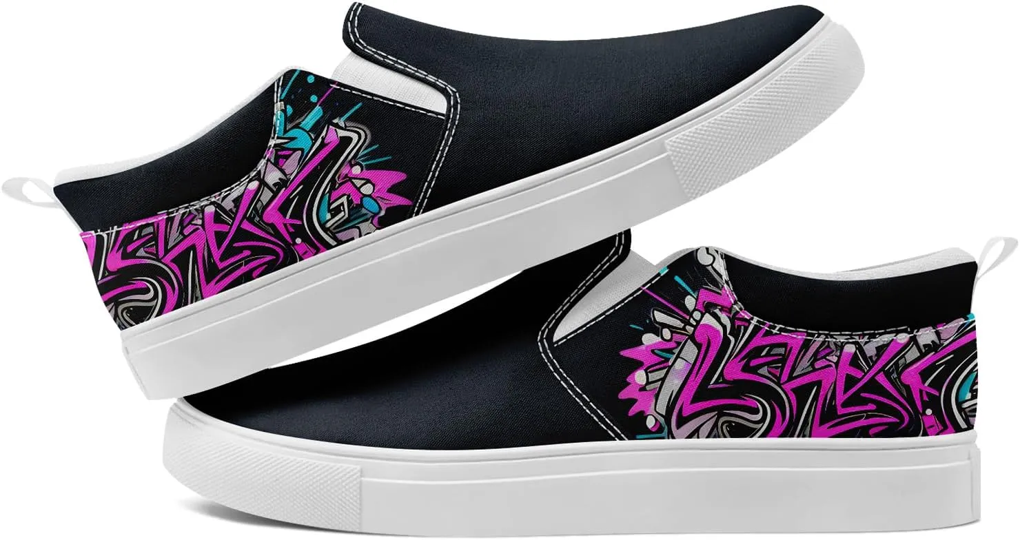 Low-top Slip-On Sneakers for Men, Women's Comfortable Flat Canvas Shoes Casual Loafers with Graffiti Style Design