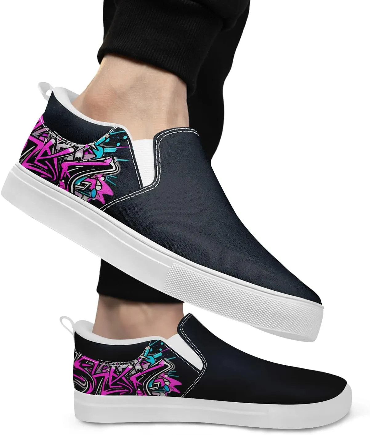 Low-top Slip-On Sneakers for Men, Women's Comfortable Flat Canvas Shoes Casual Loafers with Graffiti Style Design