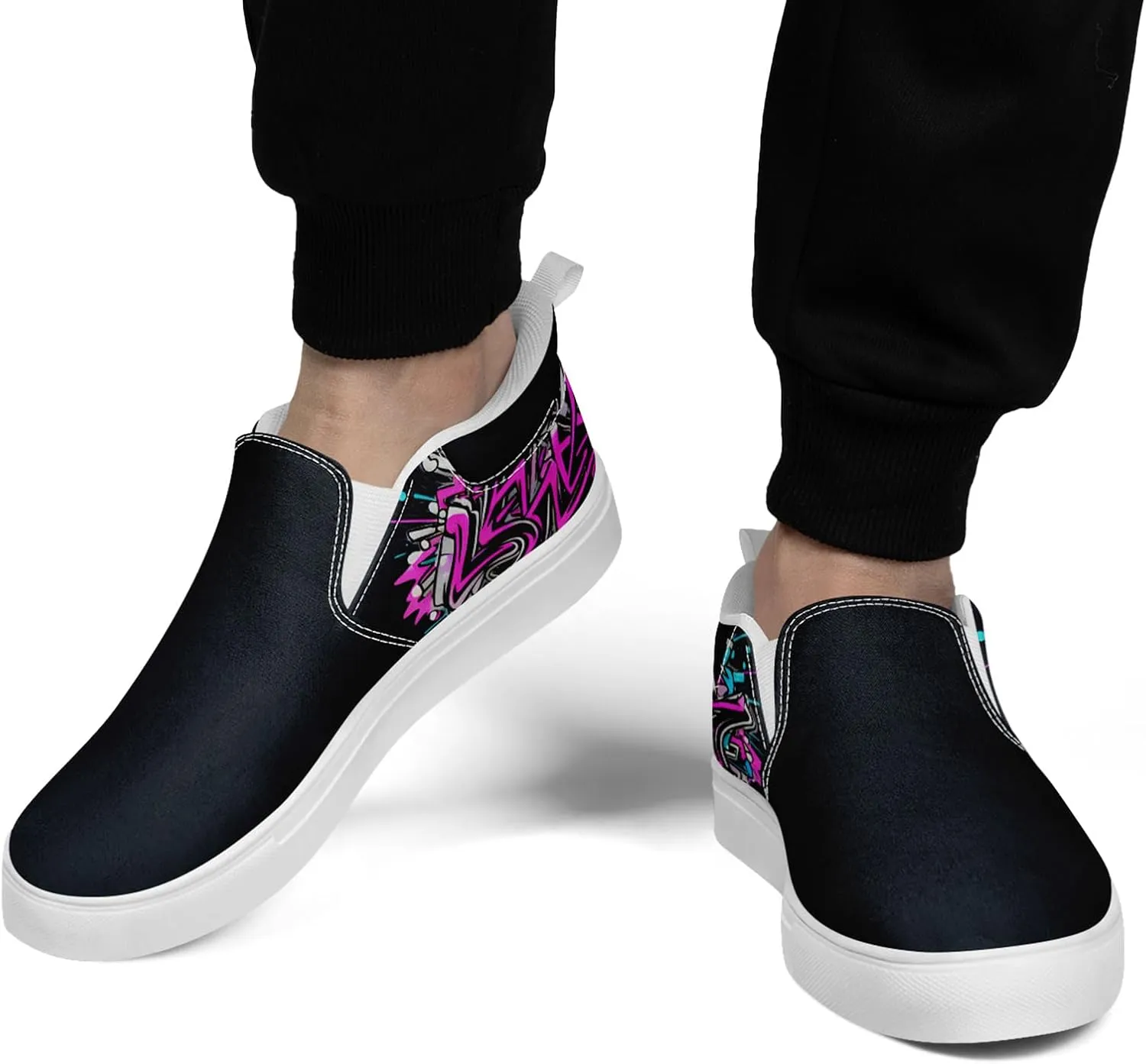 Low-top Slip-On Sneakers for Men, Women's Comfortable Flat Canvas Shoes Casual Loafers with Graffiti Style Design