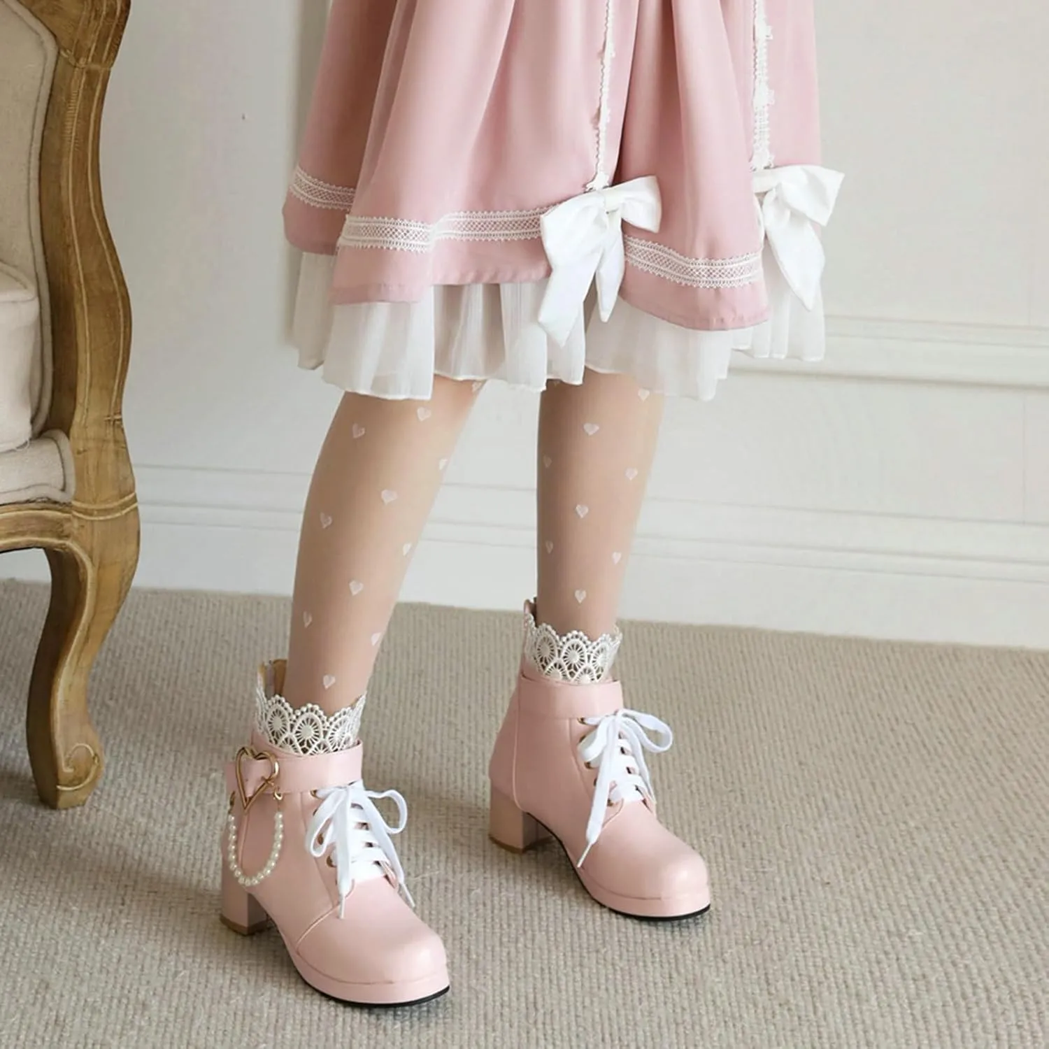 LUXMAX Cosplay Shoes Lace Up Ankle Boots for Women Chunky Mid Heel Kawaii Boots Goth Platform Booties Cute Sweet Boots with Bow