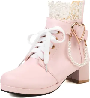 LUXMAX Cosplay Shoes Lace Up Ankle Boots for Women Chunky Mid Heel Kawaii Boots Goth Platform Booties Cute Sweet Boots with Bow