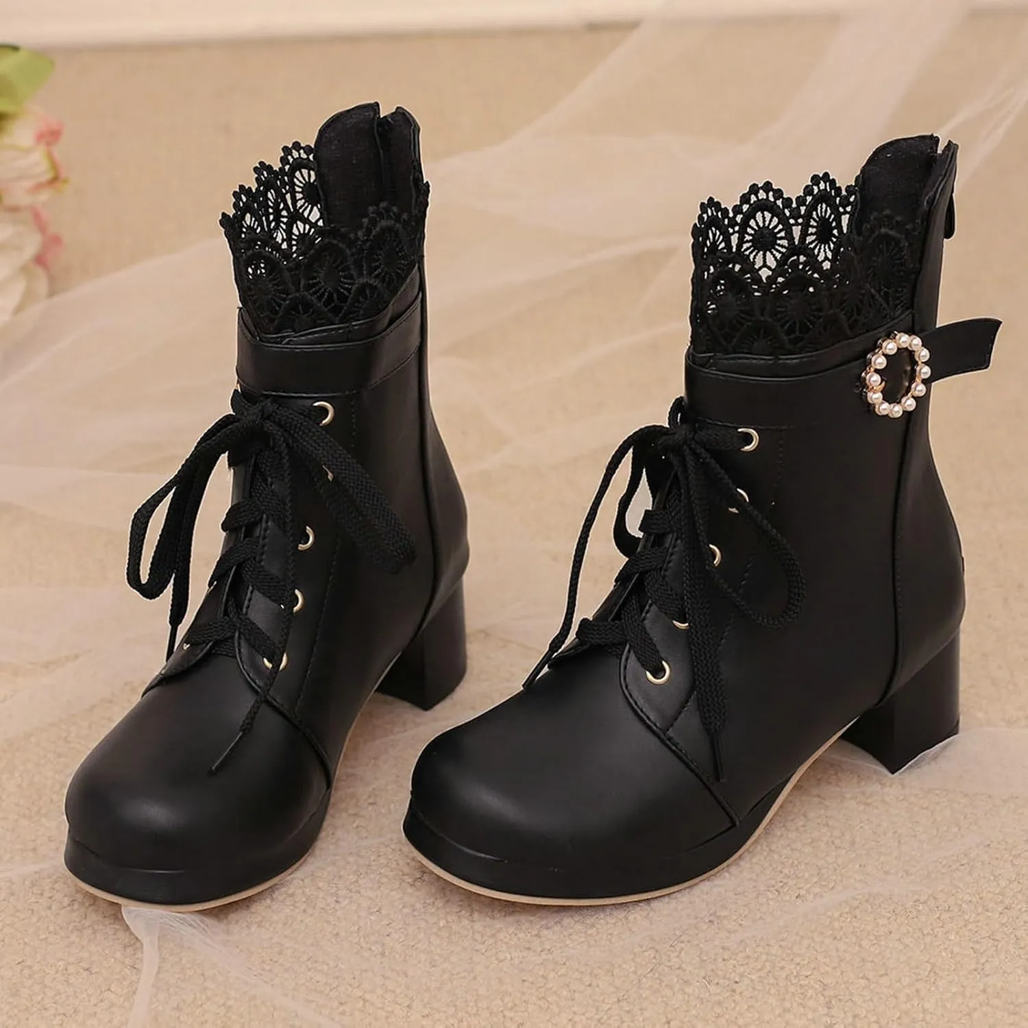 LUXMAX Cosplay Shoes Lace Up Ankle Boots for Women Chunky Mid Heel Kawaii Boots Goth Platform Booties Cute Sweet Boots with Bow