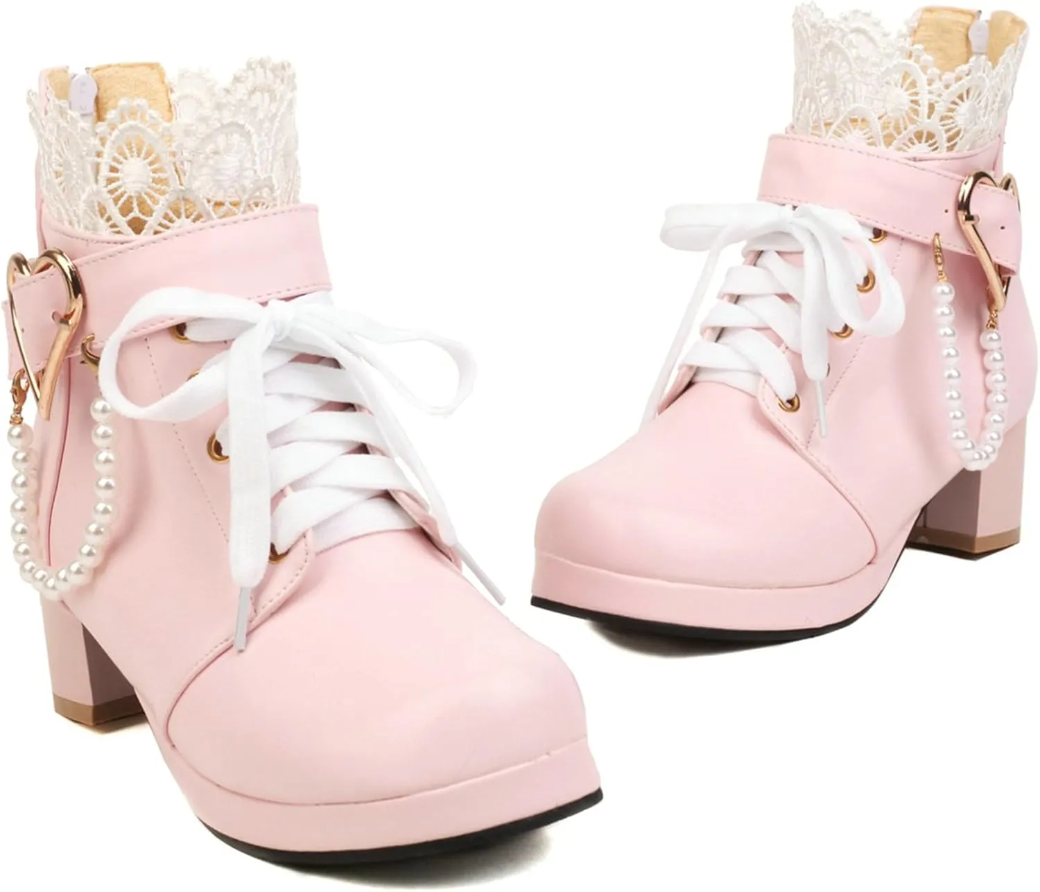 LUXMAX Cosplay Shoes Lace Up Ankle Boots for Women Chunky Mid Heel Kawaii Boots Goth Platform Booties Cute Sweet Boots with Bow