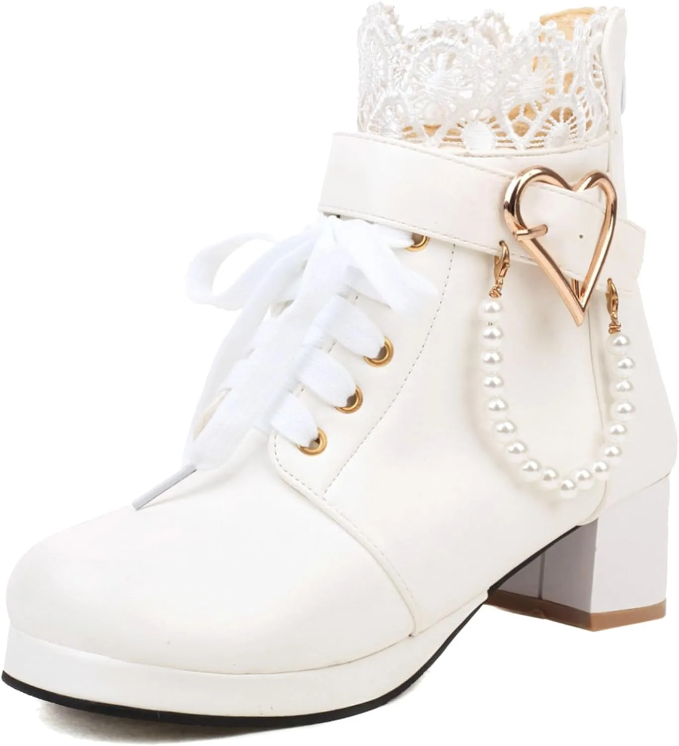 LUXMAX Cosplay Shoes Lace Up Ankle Boots for Women Chunky Mid Heel Kawaii Boots Goth Platform Booties Cute Sweet Boots with Bow