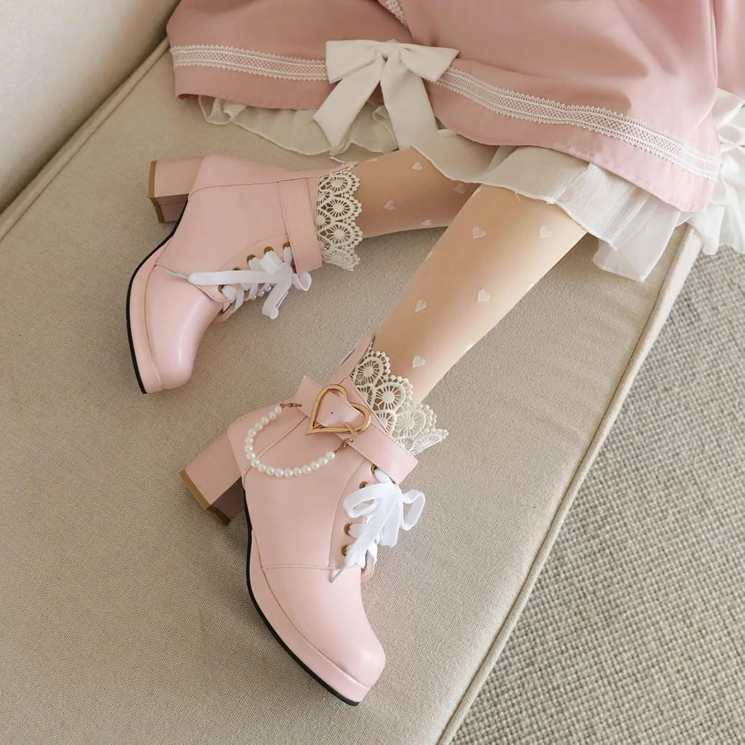 LUXMAX Cosplay Shoes Lace Up Ankle Boots for Women Chunky Mid Heel Kawaii Boots Goth Platform Booties Cute Sweet Boots with Bow