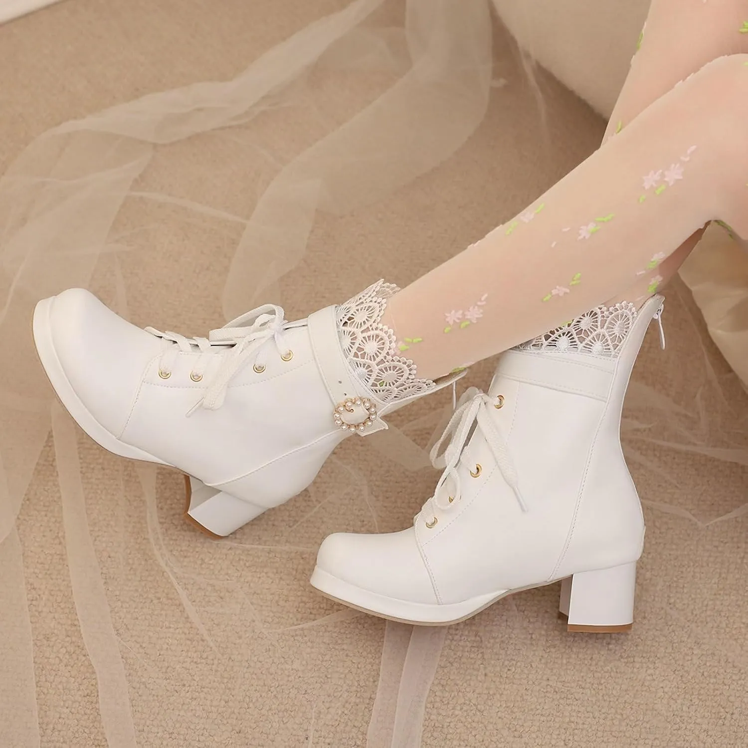 LUXMAX Cosplay Shoes Lace Up Ankle Boots for Women Chunky Mid Heel Kawaii Boots Goth Platform Booties Cute Sweet Boots with Bow