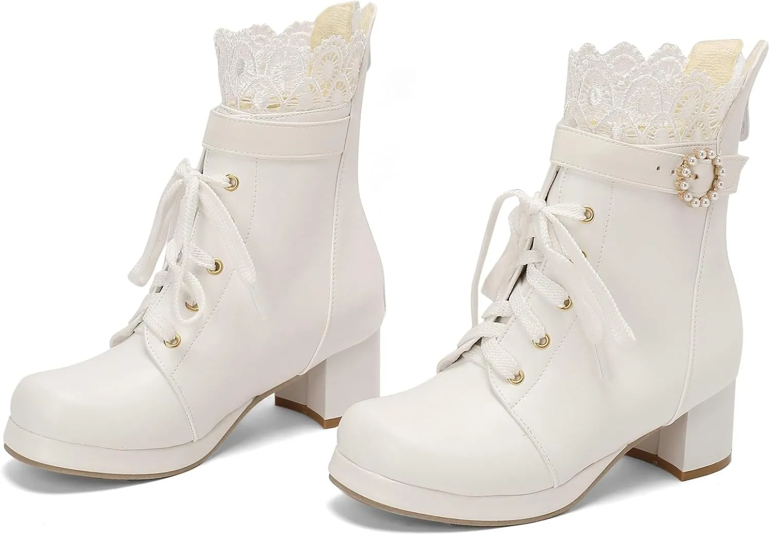 LUXMAX Cosplay Shoes Lace Up Ankle Boots for Women Chunky Mid Heel Kawaii Boots Goth Platform Booties Cute Sweet Boots with Bow