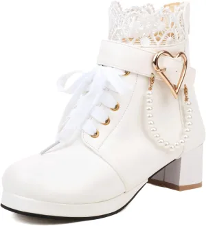 LUXMAX Cosplay Shoes Lace Up Ankle Boots for Women Chunky Mid Heel Kawaii Boots Goth Platform Booties Cute Sweet Boots with Bow