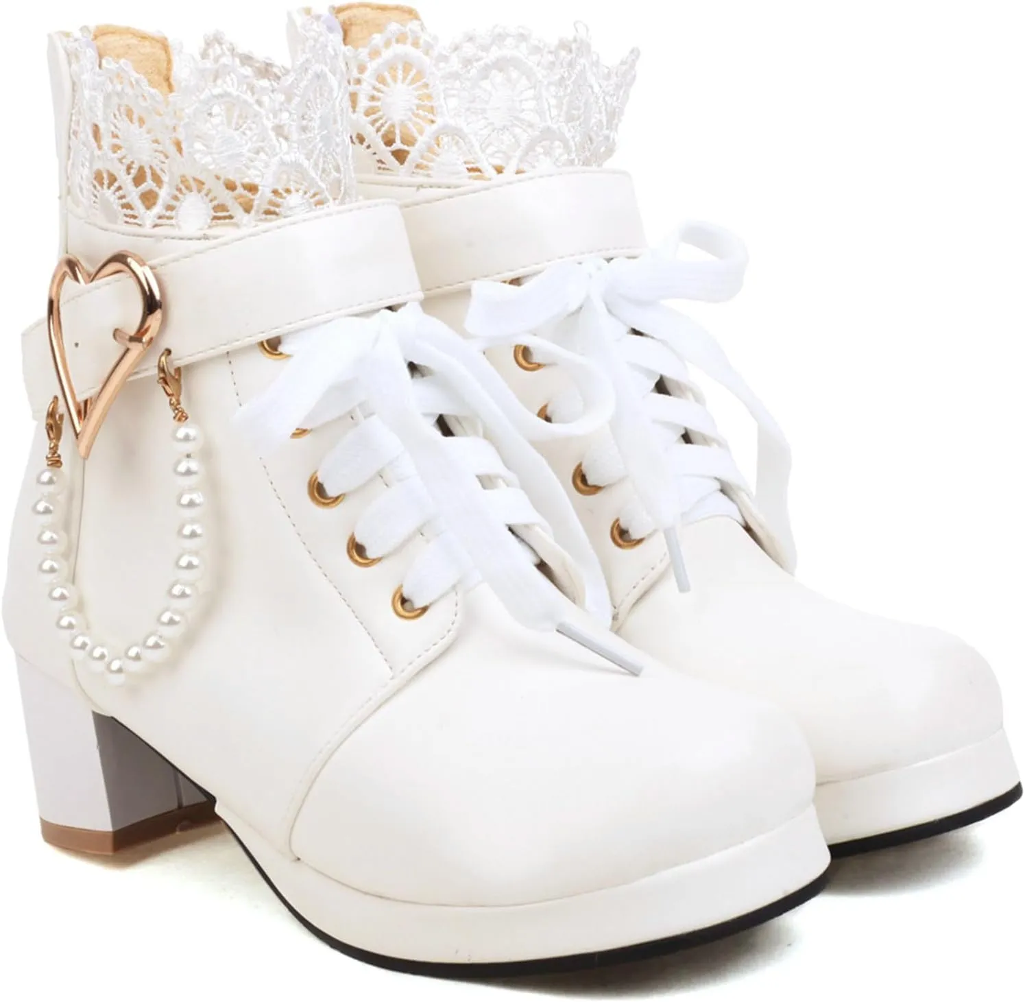 LUXMAX Cosplay Shoes Lace Up Ankle Boots for Women Chunky Mid Heel Kawaii Boots Goth Platform Booties Cute Sweet Boots with Bow