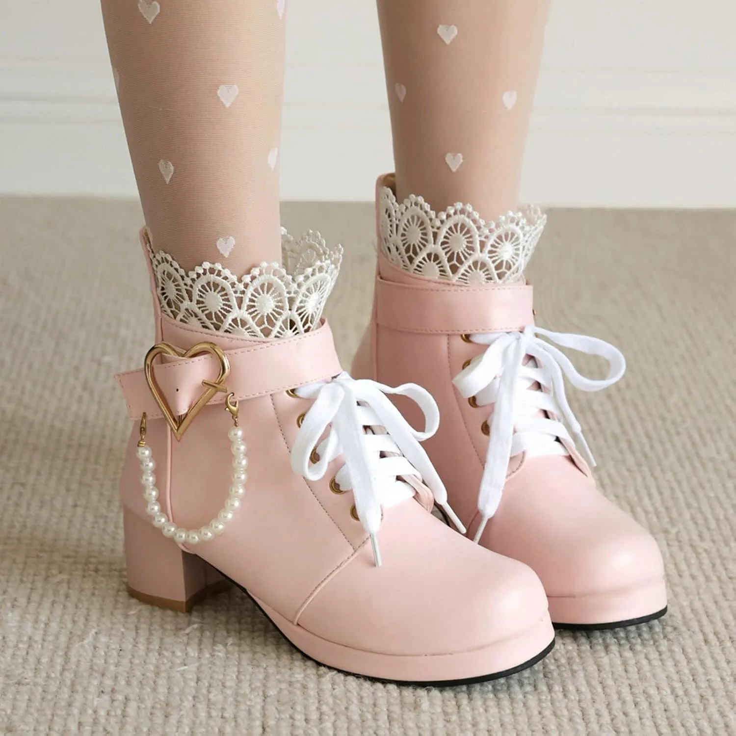 LUXMAX Cosplay Shoes Lace Up Ankle Boots for Women Chunky Mid Heel Kawaii Boots Goth Platform Booties Cute Sweet Boots with Bow