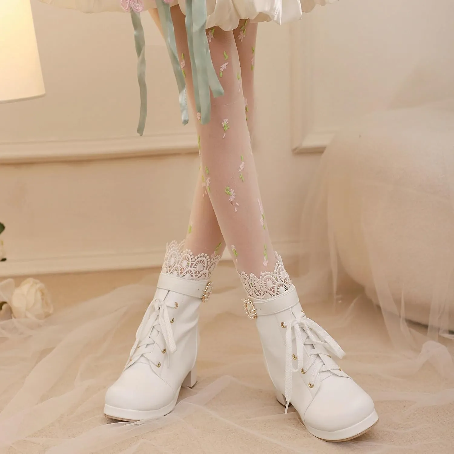LUXMAX Cosplay Shoes Lace Up Ankle Boots for Women Chunky Mid Heel Kawaii Boots Goth Platform Booties Cute Sweet Boots with Bow