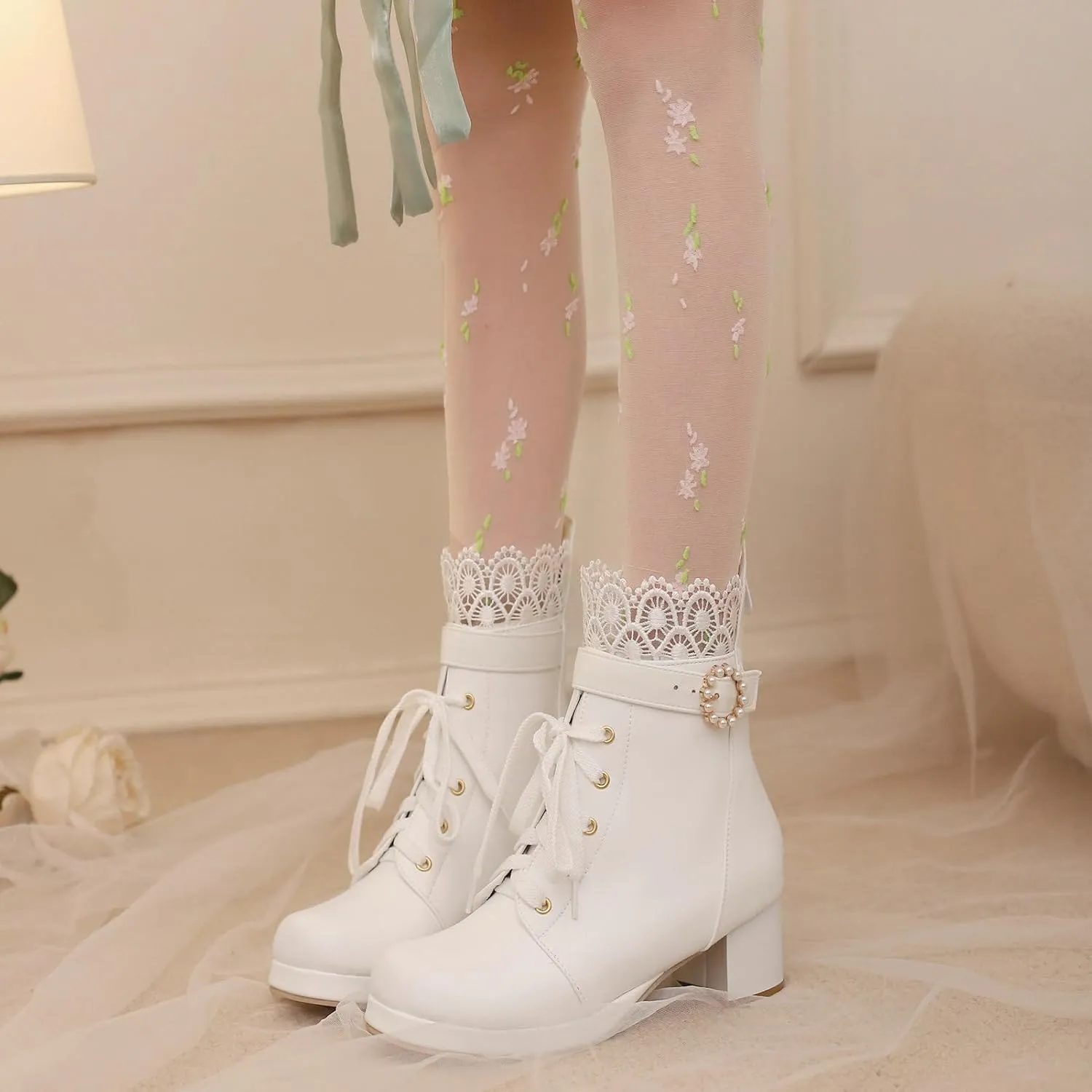 LUXMAX Cosplay Shoes Lace Up Ankle Boots for Women Chunky Mid Heel Kawaii Boots Goth Platform Booties Cute Sweet Boots with Bow