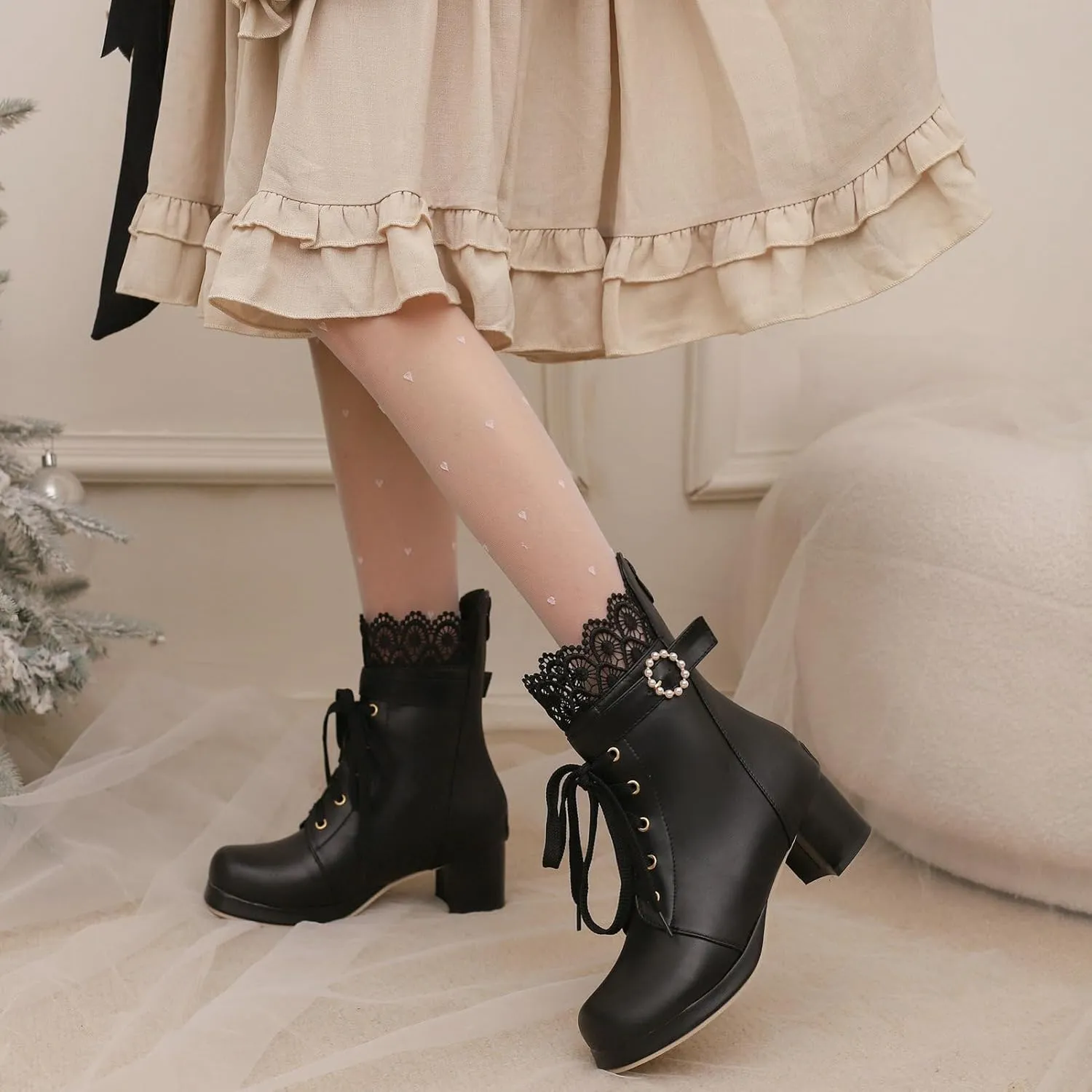 LUXMAX Cosplay Shoes Lace Up Ankle Boots for Women Chunky Mid Heel Kawaii Boots Goth Platform Booties Cute Sweet Boots with Bow