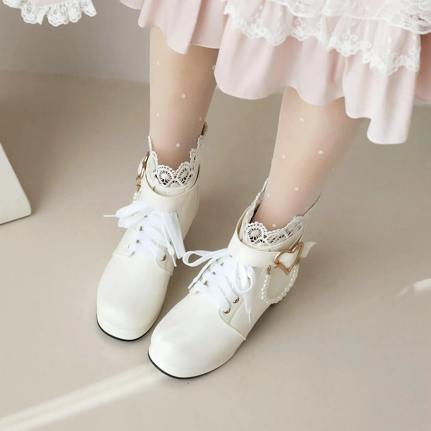 LUXMAX Cosplay Shoes Lace Up Ankle Boots for Women Chunky Mid Heel Kawaii Boots Goth Platform Booties Cute Sweet Boots with Bow