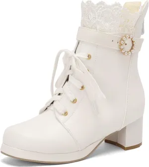 LUXMAX Cosplay Shoes Lace Up Ankle Boots for Women Chunky Mid Heel Kawaii Boots Goth Platform Booties Cute Sweet Boots with Bow