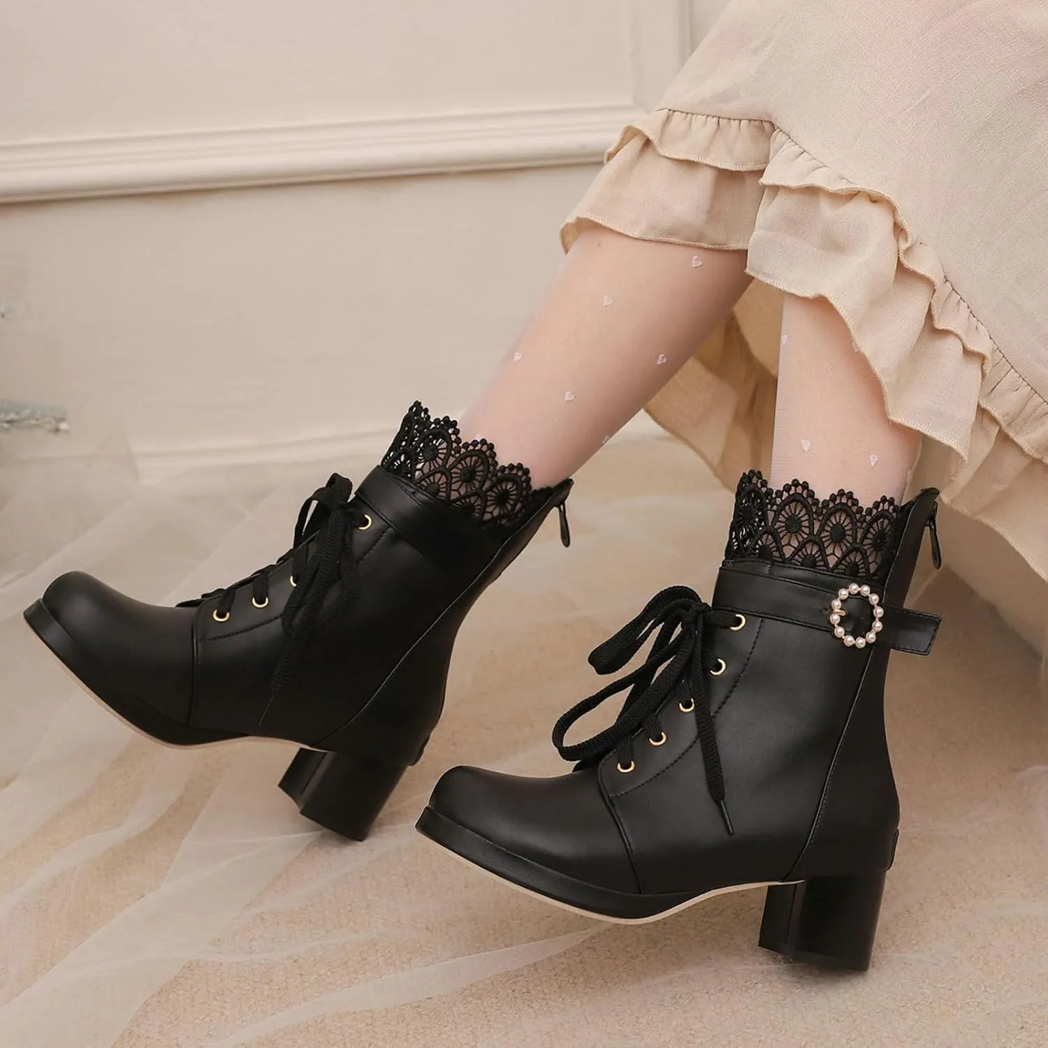 LUXMAX Cosplay Shoes Lace Up Ankle Boots for Women Chunky Mid Heel Kawaii Boots Goth Platform Booties Cute Sweet Boots with Bow
