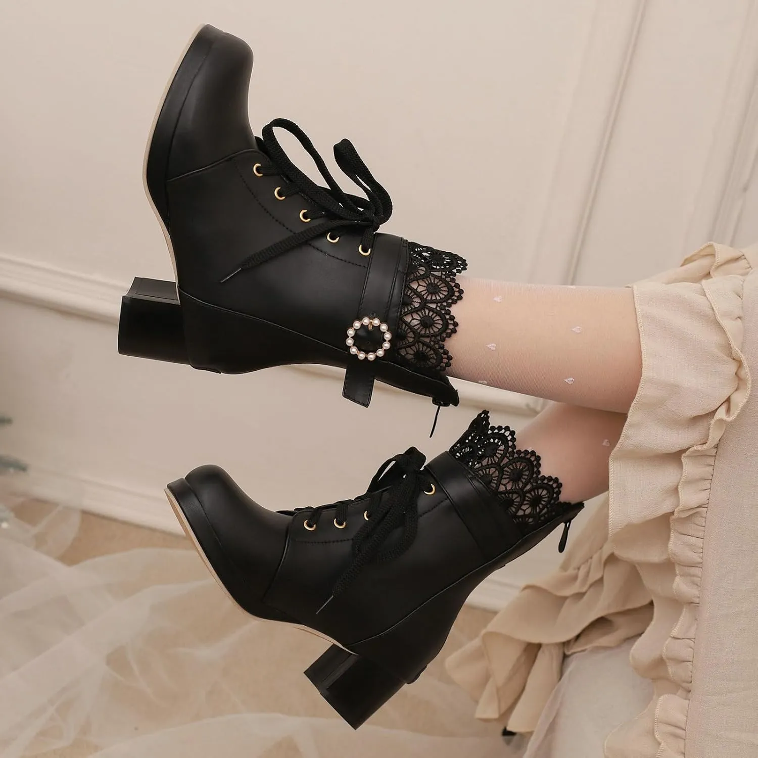 LUXMAX Cosplay Shoes Lace Up Ankle Boots for Women Chunky Mid Heel Kawaii Boots Goth Platform Booties Cute Sweet Boots with Bow